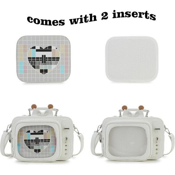 Retro TV Shaped Ita Backpack with Pin Display and Inserts White Crossbody Purse - Picture 5 of 9